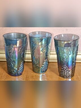 Set 3 Vintage Indiana Glass Company "Harvest Grape" Carnival Glass Blue Tumblers